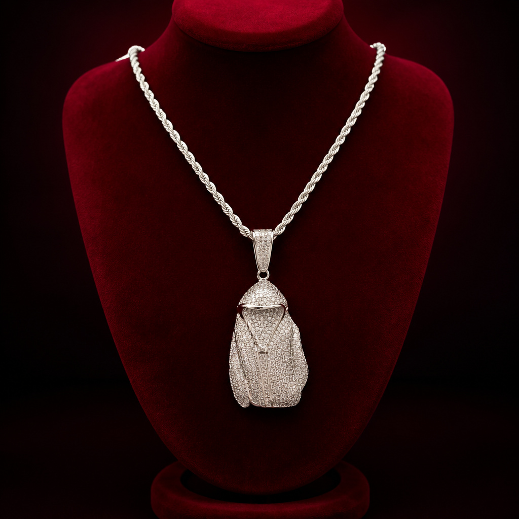 Rope Chain Necklace Silver Plated Iced Out Hoodie Pendant CZ Stones New